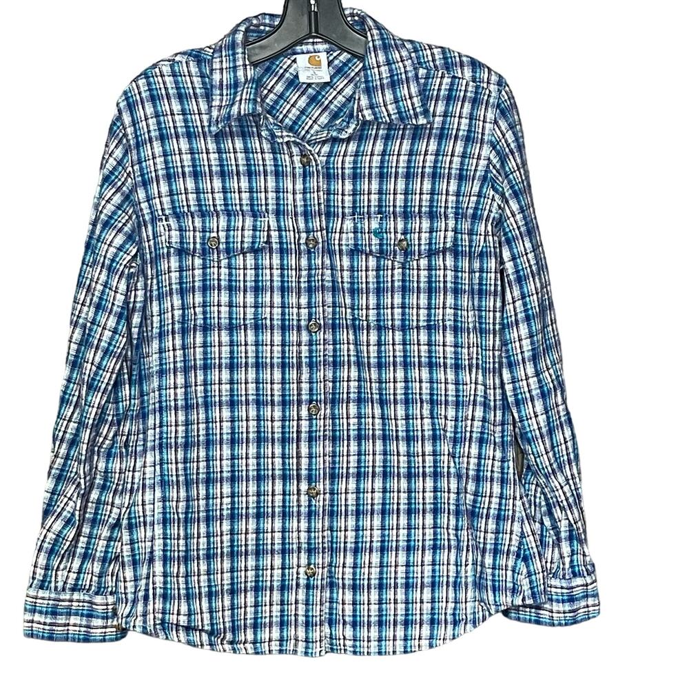 Carhartt long sleeve plaid shirt blue white plaid button front women’s size S